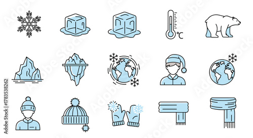 Global Cooling Line Icon Bundle: A comprehensive collection of outline signs representing winter, cold weather, and environmental themes, perfect for graphic and web design, apps, adverts, and