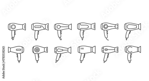 Collection of minimalistic linear icons representing various hair dryers, presented in a clean, modern line art style, perfect for web design, graphic applications, social media, and branding