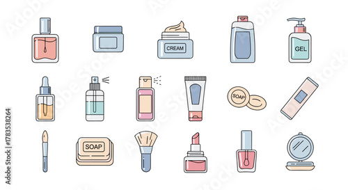 Collection of flat line icons representing various cosmetic and personal care products, including perfume bottles, cream jars, shampoo, gel dispensers, soap bars, makeup brushes, lipstick, nail