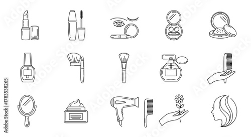 Collection of line art icons representing cosmetics and beauty products, including lipstick, mascara, nail polish, makeup brushes, powder compacts, perfume bottle, hairdryer, mirror, cream jar, comb