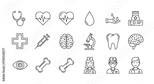 A comprehensive collection of medical and health checkup line icons, featuring patient diagnosis symbols, editable strokes, and a clean, ordered design on a white background, perfect for healthcare