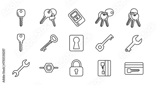 Collection of vector line icons representing keys, car key fob, keyhole, padlock, credit card with key, and wrenches, presented as a clean, ordered set on a white background, perfect for security and