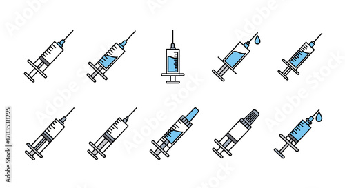Collection of diverse syringe icons, each featuring a clear barrel with measurement markings and a needle, some containing blue liquid, and one with a falling drop, presented on a clean white