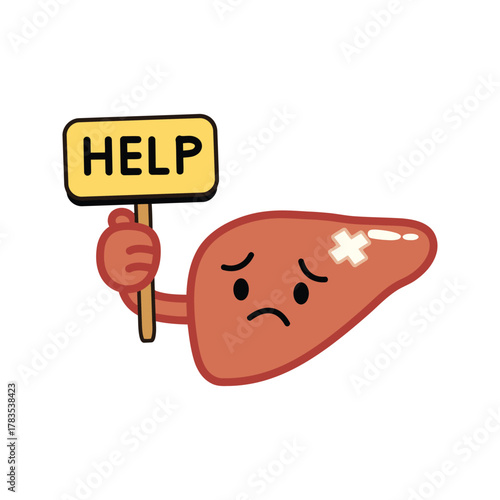Sad liver cartoon character holding a HELP sign symbolizing liver disease or damage.