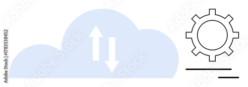 Cloud with up and down arrows symbolizing data exchange next to a gear for operations. Ideal for cloud computing, workflow, automation, technology, data transfer, efficiency, simple flat metaphor