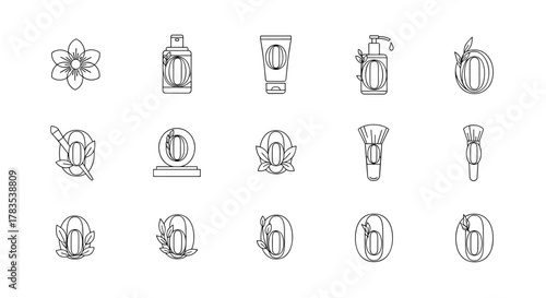 Elegant Monogram Logo Collection: Serif Letter O Embellished with Natural Elements and Beauty Products, Perfect for Skincare and Cosmetic Brands. Clean Line Art Icons on White Background for
