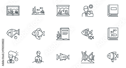 Collection of simple thin line icons representing aquariums, fish, underwater plants, books about marine life, and people interacting with aquatic environments, perfect for web, apps, and educational