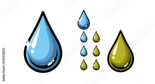 Set of stylized water drops and olive oil drops, presented in a cartoon vector illustration style with a clean white background, perfect for logos and business card designs, emphasizing purity and