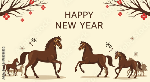 Happy New Year greeting card featuring a herd of brown horses in various poses, symbolizing the Year of the Horse, with decorative elements like blooming branches and astrological symbols, perfect
