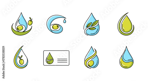Collection of eight stylized water drop logos and a business card design featuring olives and leaves, rendered in a clean, modern cartoon style with vibrant blue and green colors, perfect for olive