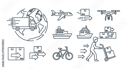 A comprehensive bundle of delivery and transport-related line icons, featuring a delivery truck moving around a planet outline, an airplane, a drone, ships, boxes with arrows indicating movement, a