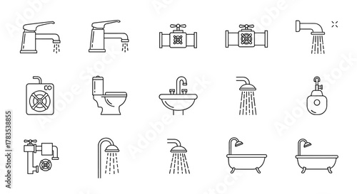 A comprehensive collection of minimalistic line icons representing essential bathroom and plumbing elements, including faucets, pipes, valves, toilets, sinks, showers, and bathtubs, designed for