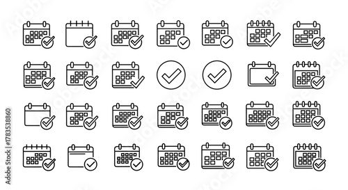 Collection of calendar icons with checkmarks, symbolizing confirmation, completion, and scheduling. This ordered line art set on a white background features various calendar designs, including those