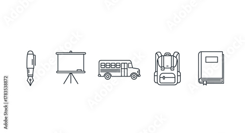 A collection of minimalistic, line-art icons representing essential school and learning elements, including a fountain pen, a presentation board, a school bus, a backpack, and a book, all designed