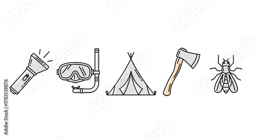 Camping Line Icon Bundle: A Modern Collection for Design, Websites, Apps, and Cards, featuring linear images of a flashlight, diving mask, tent, axe, and insect, perfect for outdoor adventure and