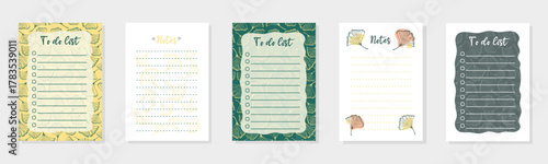 Set of to do list with ginkgo biloba leaves. Template for organizer, planner, agenda, scheduler, notebooks. Flat vector illustration.