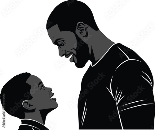 Black and White Vector of Smiling Father and Son Facing Each Other, Expressing Love, Bonding, Family Connection, Parenting, Emotional Support