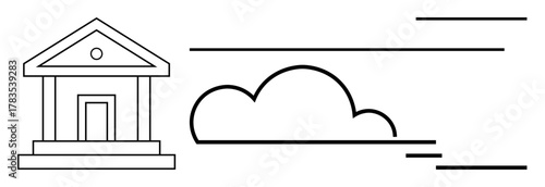 Bank building beside cloud illustrating transition to cloud computing, modernization, digital transformation. Ideal for finance, cloud storage, technology, innovation, modernization, data management