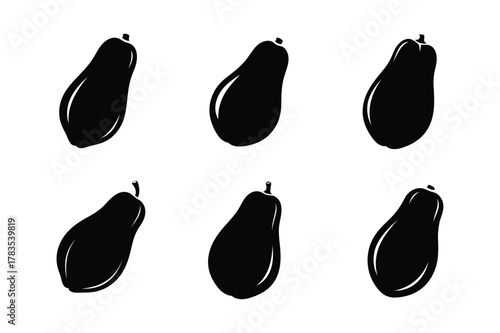 Silhouette of six papaya fruits isolated on white background in black color