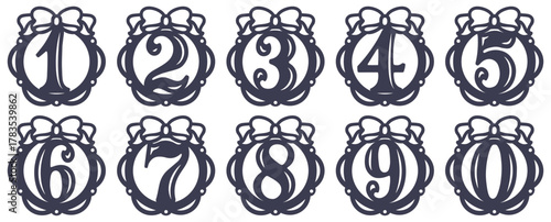 Vector laser cut template. Christmas ball ornaments with numbers and bows. Perfect for cake toppers, birthdays, New Year, and anniversaries. For paper, wood, acrylic, and plastic. Cnc silhouette.