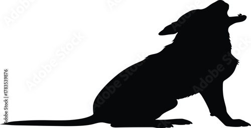 Black Dog Silhouette Sitting and Howling with Raised Head and Extended Tail Isolated on White Background for Pet Art Design