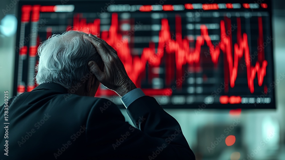 Fototapeta premium Man with head in hand watches red stock market crash on screen in dark office setting at night