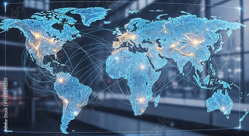 Abstract digital world map illuminating global network connections, data flow, and interconnected business technology across continents