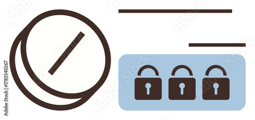 Two overlapping circles next to a three-padlock interface, representing digital security. Ideal for cybersecurity, encryption, data protection, user authentication, privacy, secure access, simple