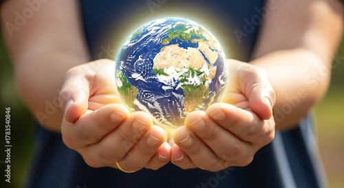 A person's hands gently holding a glowing miniature Earth, symbolizing environmental care, global unity, and a sustainable future