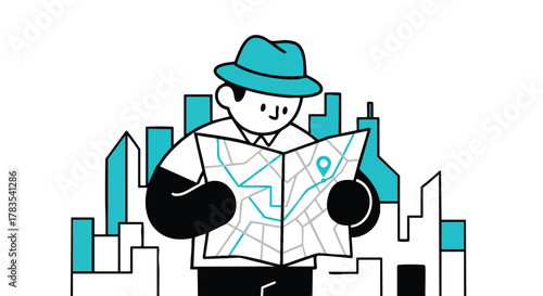 Illustration of a Man Wearing a Fedora Hat Reading a Paper Map in a Cityscape