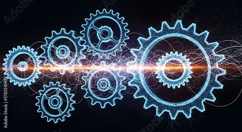 Interlocking digital cogwheels with a glowing energy stream symbolizing technology, business process, and innovation
