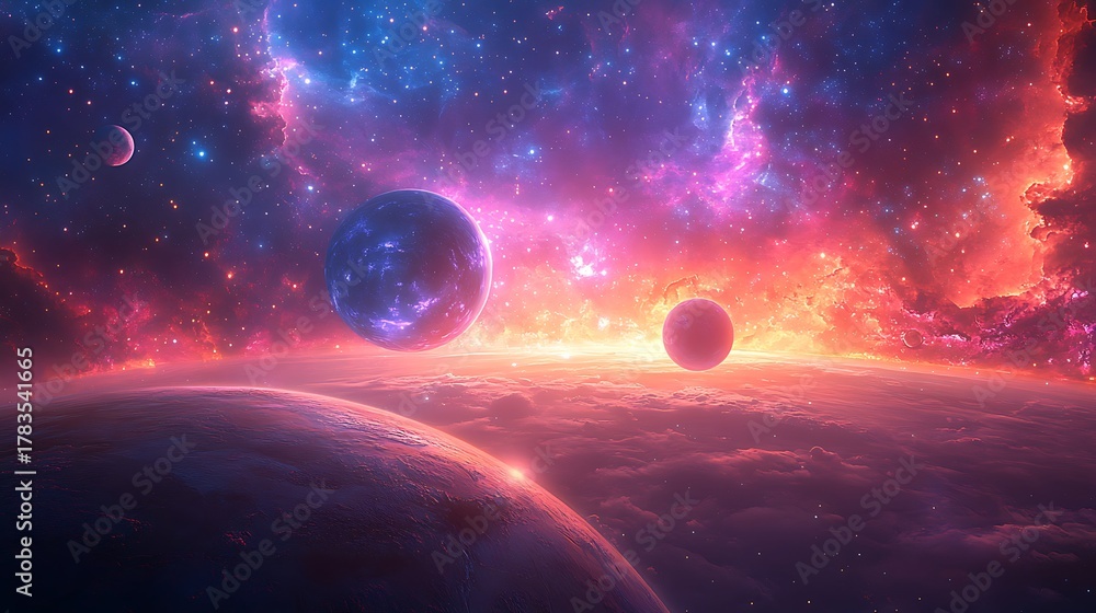 Obraz premium A vibrant cosmic landscape featuring planets, stars, and colorful nebulae in deep space view