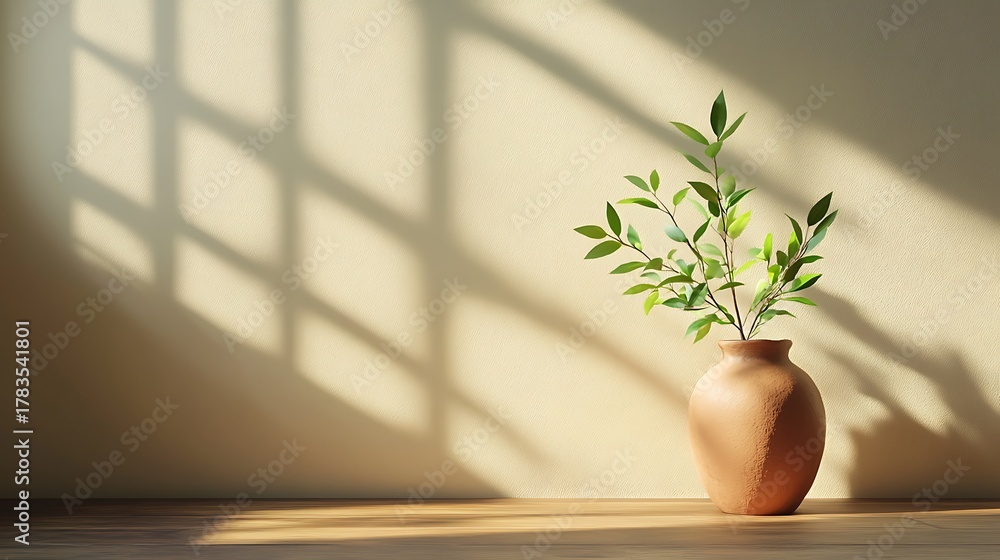 Fototapeta premium Still life of a vase with green leaves against a wall with window light creating shadows on the wall