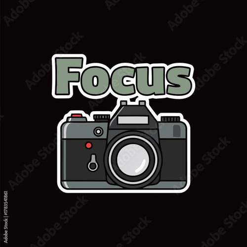Retro style single-lens reflex (SLR) camera icon with 'Focus' text sticker, ideal for photography enthusiasts, media, hobbies, and vintage graphic resource collection.