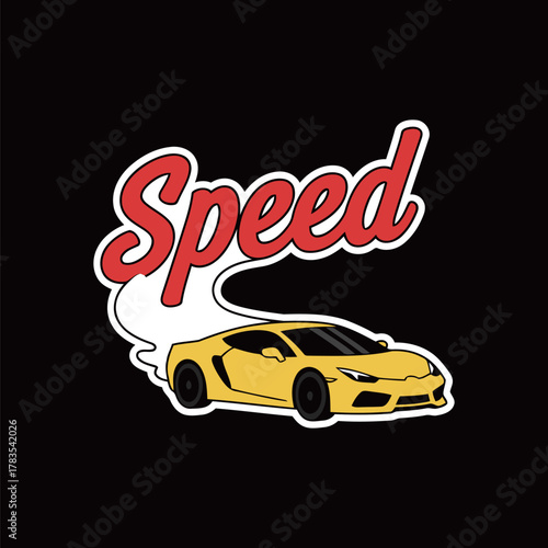 Modern yellow sportscar with drifting smoke trail and bold 'Speed' text sticker, emphasizing high performance, motion, racing, and automotive graphic design.