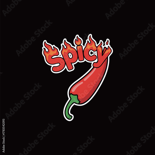 Cartoon red chili pepper with flaming 'Spicy' text sticker, a hot food graphic for cooking, seasoning, taste, and vibrant Mexican or Asian cuisine themes.