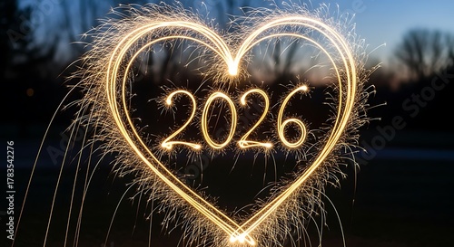 Sparkler heart shape with the year 2026 illuminated inside in the dark night sky during a celebration event