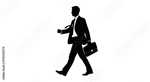 A black silhouette of a businessman in a suit, carrying a briefcase, walking with determination