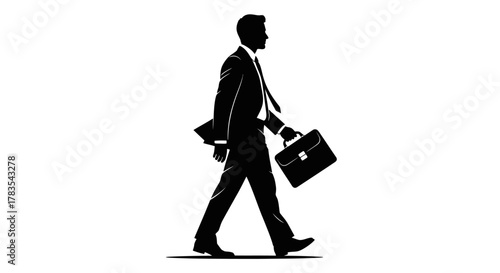 Black silhouette of a businessman walking with a briefcase against a white background
