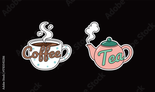 Coffee Cup and Tea Pot Sticker Set - Two Hot Beverage Icons with Script Typography and Steam Vector Illustrations, Ideal for Cafe, Breakfast, and Drink Themes.