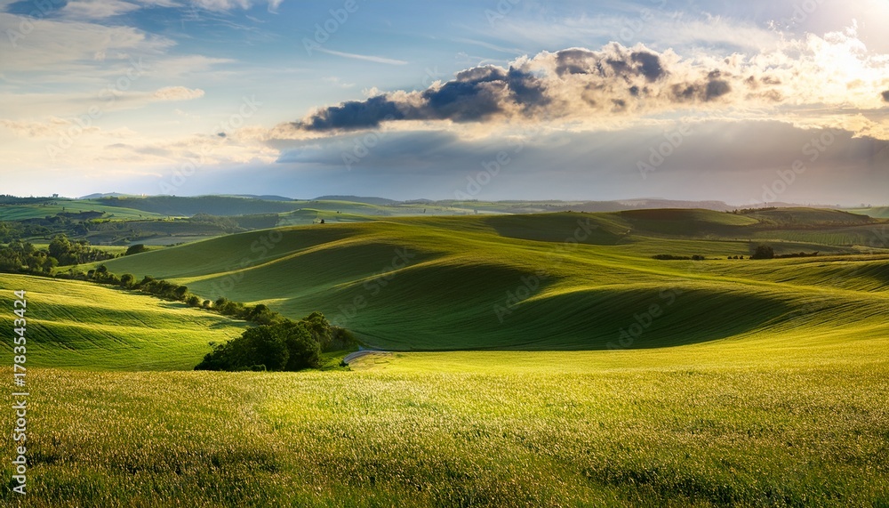 Obraz premium rolling hills of farmland sunlit fields and a partly cloudy sky