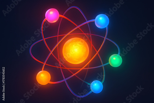 Radiant Atom: A vibrant, glowing atom model pulses with energy against a dark backdrop, symbolizing the core building block of all matter.