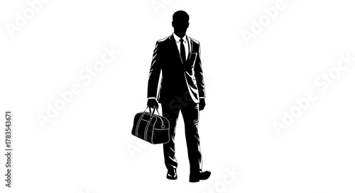 Vector silhouette of a professional man in a business suit holding a travel bag, isolated on white