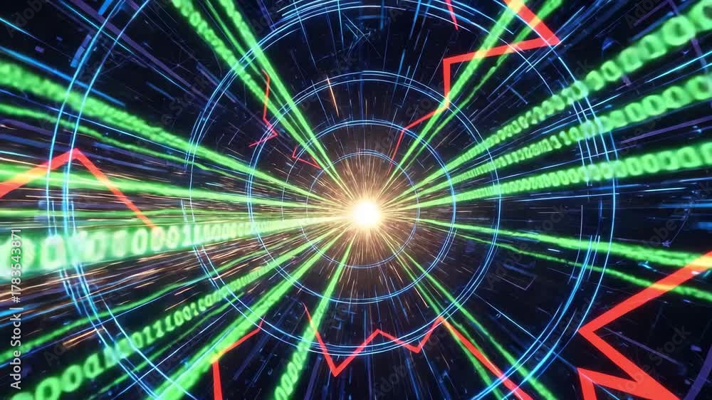 Abstract digital tunnel with binary code and stock market graph, representing data flow and financial analytics