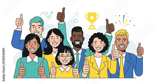 Diverse group of smiling business professionals giving thumbs up, celebrating success with a trophy and growth arrows