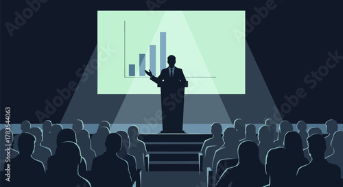 A speaker at a podium presents a bar graph on a large screen to an audience in a dimly lit conference room