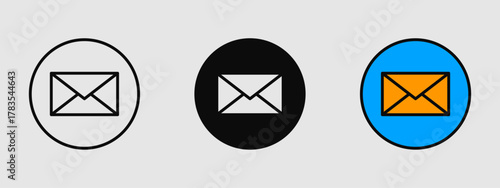 Minimal envelope email icon in outline, solid, and filled styles, perfect for messaging, communication, contact, and notification designs.