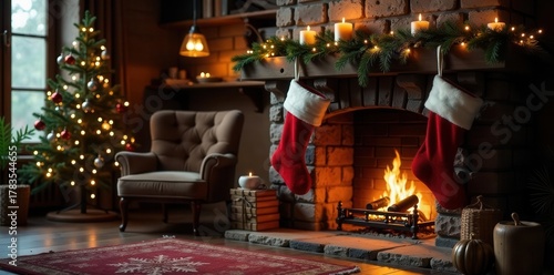 Cozy fireplace with stockings, evergreen branches, calm, snug, hearth