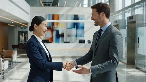 Professional greeting between colleagues in modern office lobby 93363507 2