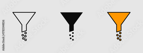 Minimal funnel filter icon in outline, solid, and filled styles, ideal for sorting, filtering, search refinement, and data organization designs.